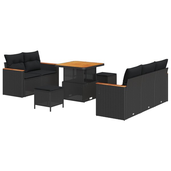 Ensemble de Canapés de Jardin 8 Pièces avec Coussins Noir Rattan Poly Acacia