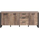 Buffet EMILE - Mélamine chêne brun tabac et noir mat - 3 Portes + 3 Tiroirs - 214 x 45 x 86 cm