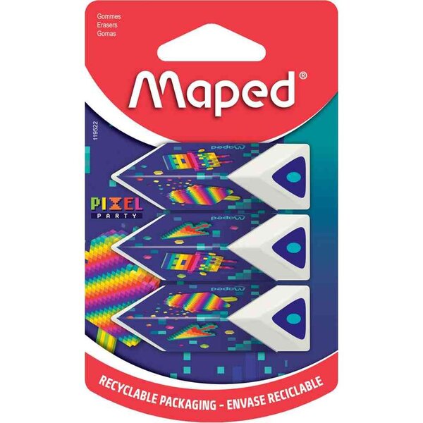Gomme en plastique Pyramide PIXEL PARTY  blister de 3 MAPED