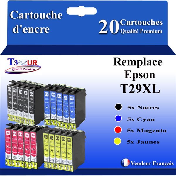 T3AZUR - 20x Cartouches compatibles avec Epson Expression Home XP-235  XP-245  XP-247  XP-255  XP-257  T29XL
