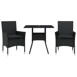 vidaXL Ensemble à manger de jardin et coussins 3 Pièces noir rotin verre