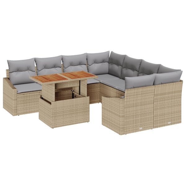 vidaXL 9 pièces de salle à manger de jardin avec coussins Beige Poly Rattan Acacia