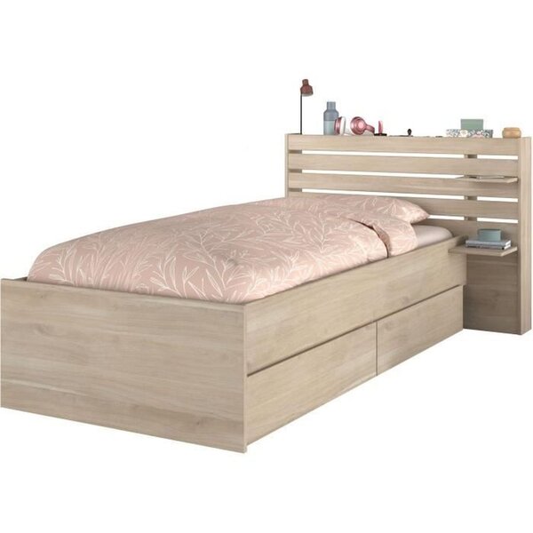 Lit enfant 90 x 190/200 cm - chêne - Tête de lit + 2 tiroirs - 121 5 x 88 6 x 216 8 cm