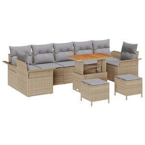 vidaXL Ensemble de Canapé de Jardin 10 Pièces avec Coussins Beige Rotin Poly Acacia