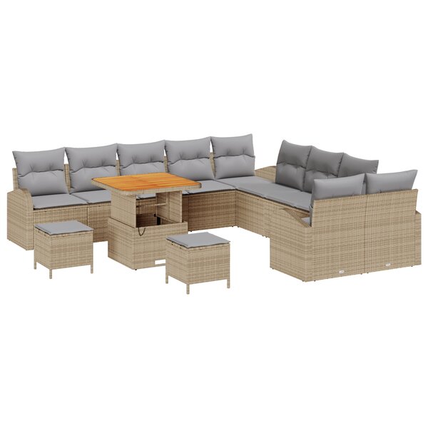 Ensemble de Canapés de Jardin 13 Pièces avec Coussins Beige Rattan Poly Acacia