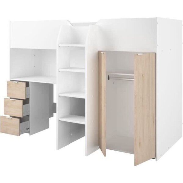 Lit combiné mezzanine enfant - blanc et chêne - Sommier inclus - 90 x 200 cm