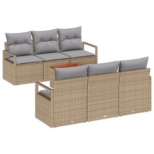 Ensemble de Canapé de Jardin de 7 Pièces avec Coussins Beige en Rattan Poly Acacia