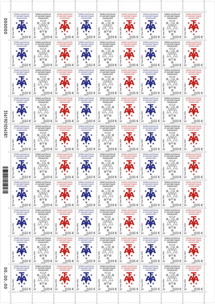 Feuille de 90 timbres TAAF - Petites valeurs