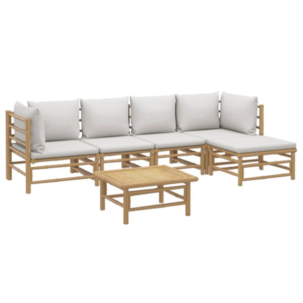 Salon de jardin meuble d'extérieur ensemble de mobilier 6 pièces avec coussins gris clair bambou 02_0016772