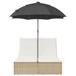 vidaXL Chaise longue double avec coussins et parasol beige poly rotin