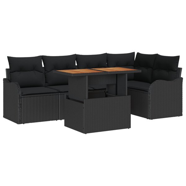 Ensemble de canapé de jardin 6 pièces avec coussins en poly rotin noir
