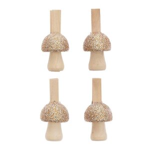 4 pinces champignons en bois pailletées dorées