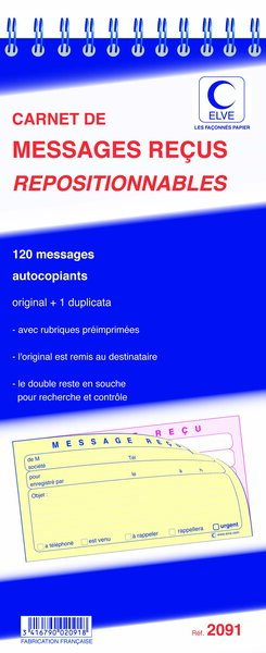 Bloc spirale 322 x 140 mm 120 MESSAGES RECU repositionnable 30 feuillets ELVE