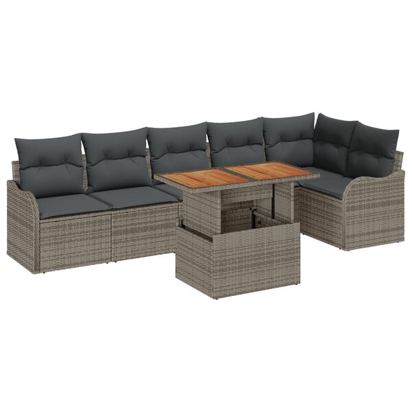 vidaXL Ensemble de Canapés de Jardin 7 Pièces avec Coussins Gris Poly Rattan Acacia