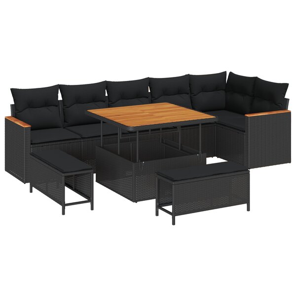 Ensemble de canapés de jardin 9 pièces avec coussins noirs en poly rattan et acacia