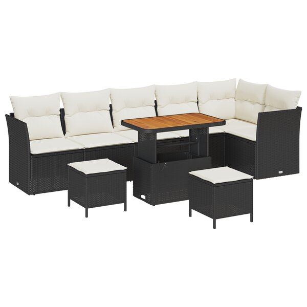Ensemble de jardin vidaXL 9 pièces avec coussins Noir Poly Rattan Acacia