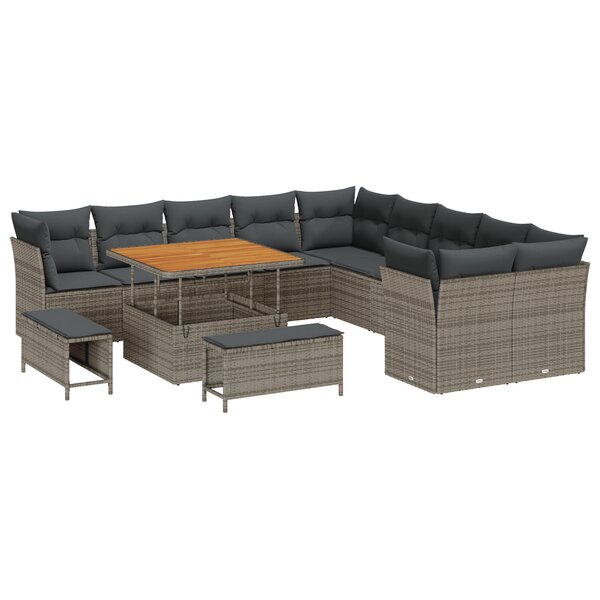 Ensemble Canapé de Jardin 13 Pièces avec Coussins Gris Poly Rattan