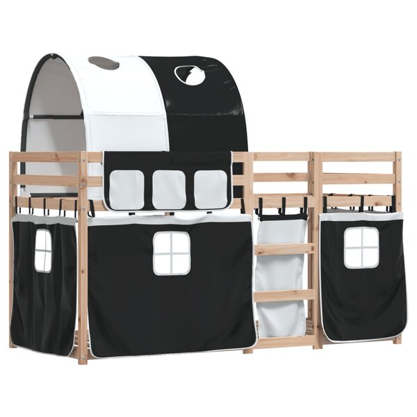 vidaXL Lit superposé avec rideaux blanc/noir 90x200 cm bois pin massif