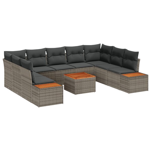 vidaXL Ensemble de Canapés de Jardin de 10 Pièces avec Coussins Gris en Poly Rattan Acacia