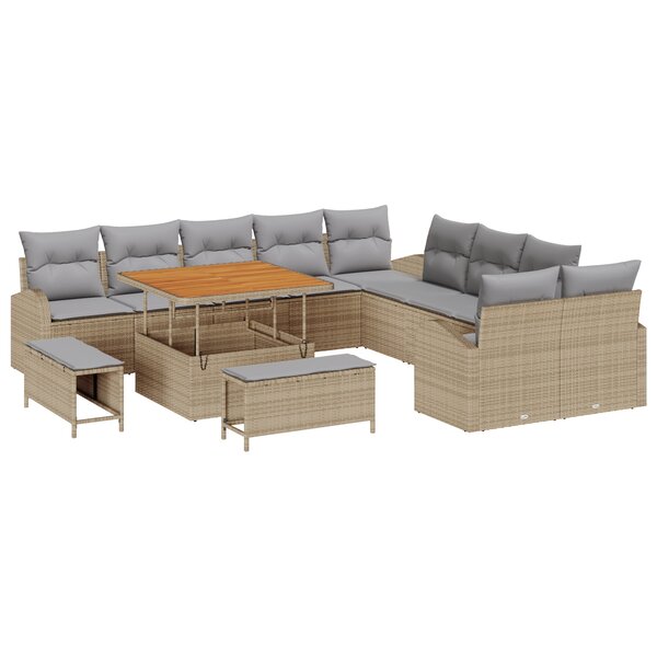 Ensemble de canapé de jardin de 13 pièces avec coussins beige poly rotin acacia