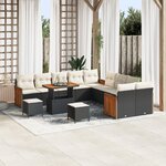 Ensemble de Canapés de Jardin 13 Pièces avec Coussins Noir Poly Rattan Acacia