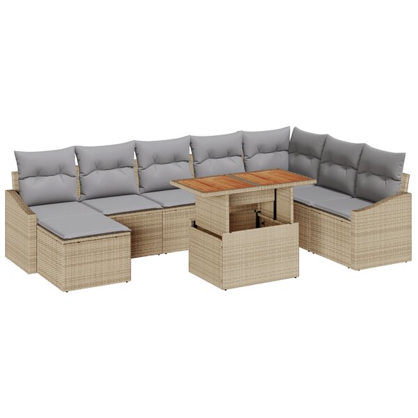 vidaXL Ensemble de jardin de 9 pièces avec coussins Beige Poly Rattan Acacia