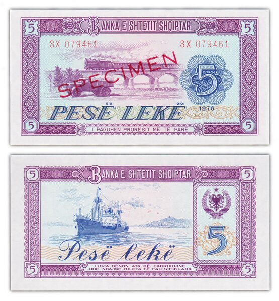 Billet de Collection 5 Leke 1976 Albanie - Neuf - P42s SPECIMEN