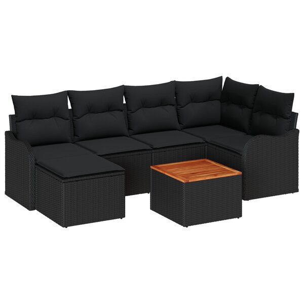 Ensemble de Canapé de Jardin de 7 pièces avec Coussins Noir Rattan Acacia