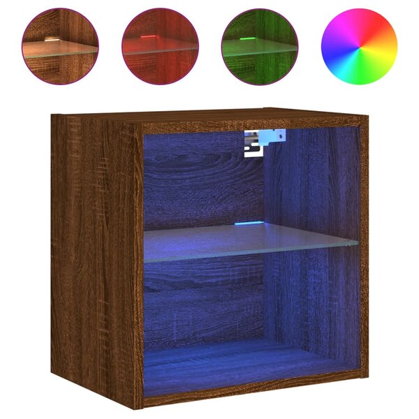 vidaXL Table de chevet murale avec lumières LED chêne marron
