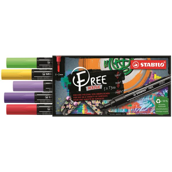 Etui carton 5 marqueurs pointe moyenne FREE acrylic T300 Set 4 'Vibrant' x 5 STABILO