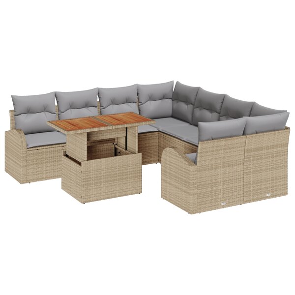 Ensemble de canapé de jardin 9 pièces avec coussins en rotin poly beige