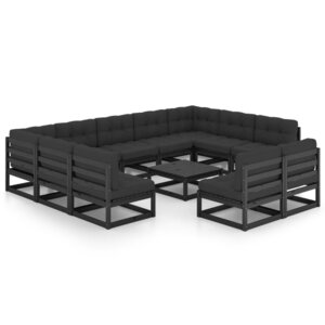 vidaXL Salon de jardin 12 Pièces avec coussins Noir Bois de pin massif