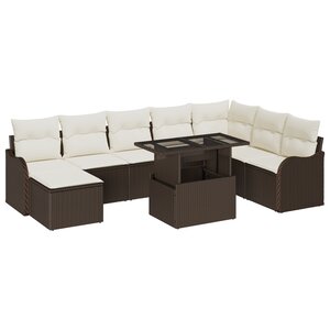 Ensemble de canapés de jardin de 9 pièces avec coussins marron en poly rattan