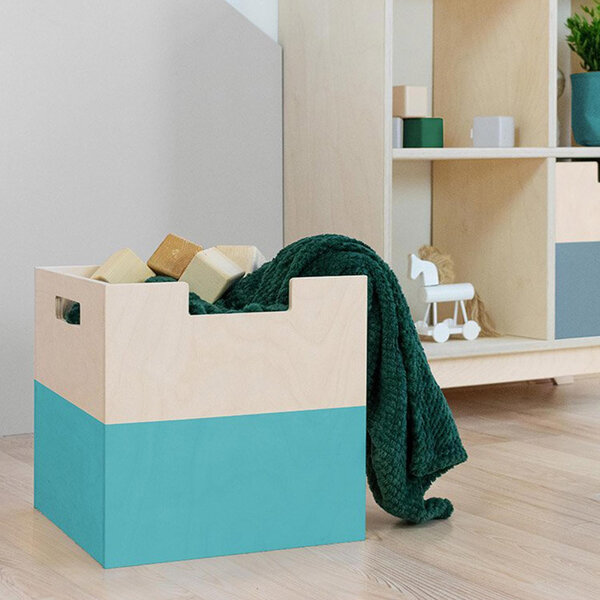 Boîte de rangement bois modèle 2 - poignées - Bleu turquoise et bois naturel - 33 x 33 x 37 cm
