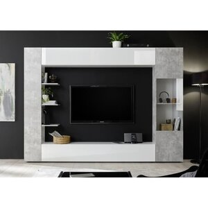 Composition murale TV SIENNA - Laqué blanc et béton - 295 x 30 x 187 cm