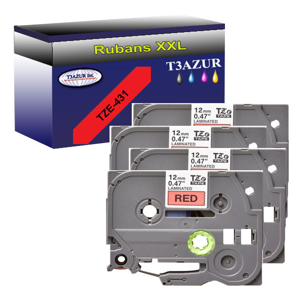 4 x Rubans d'étiquettes laminées générique Brother Tze-431 pour étiqueteuses P-touch - Texte noir sur fond rouge - T3AZUR