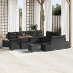 Ensemble de Canapés de Jardin 13 pièces avec Coussins Noir Poly Rattan Acacia