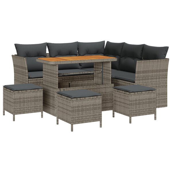 Ensemble de canapés de jardin de 9 pièces avec coussins gris poly rotin acacia