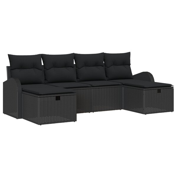 Ensemble de canapé de jardin de 6 pièces avec coussins en poly rotin noir