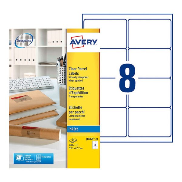 Étiquettes transparentes pour imprimante jet d'encre j8565, 99.1 x 67.7 mm - 200 étiquettes (paquet 25 feuilles)