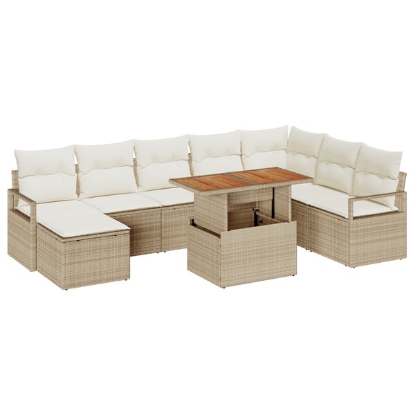 Ensemble de Canapés de Jardin de 9 Pièces avec Coussins Beige Poly Rattan Acacia