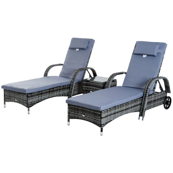 Lot de 2 transats bains de soleil grand confort : matelas  têtière  inclinaison réglable multipositions  accoudoirs  roulettes + table basse verre trempé résine tressée gris