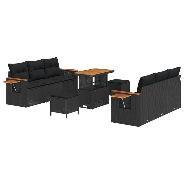 Ensemble de canapé de jardin 9 pièces avec coussins en rotin noir et bois d'acacia