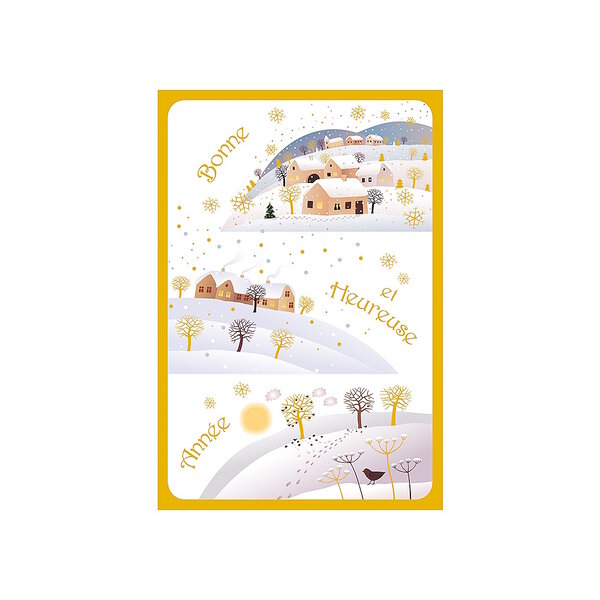 Carte De Voeux - Bonne Et Heureuse Année Village Enneigé Décor Brillant