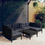 vidaXL Salon de jardin 7 Pièces avec coussins Noir Bois de pin massif