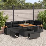 Canapés de Jardin 9 Pièces avec Coussins Poly Rotin Noir Acacia