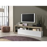 Meuble TV 1 porte - Finition Blanc Laqué et Effet Bois Vintage - 184 x 42 x Hauteur 56 cm