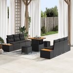 Ensemble de Canapés de Jardin 9 pièces avec Coussins Noir Poly Rattan Acacia