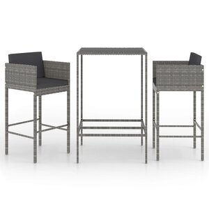 vidaXL Ensemble de bar de jardin 3 Pièces et coussins Résine tressée Gris