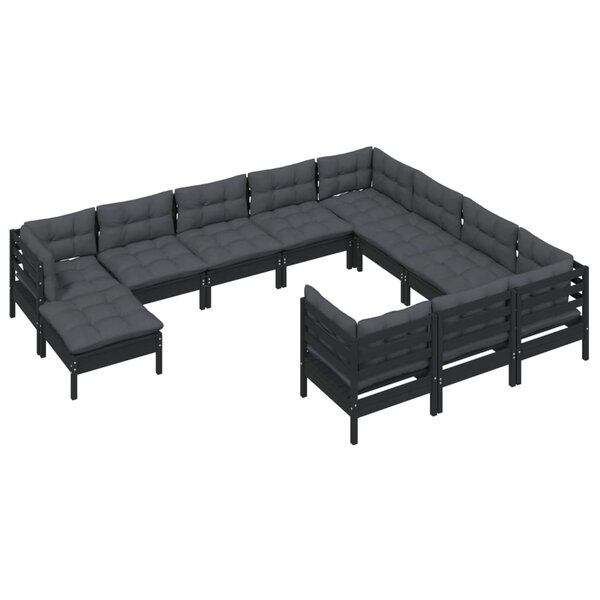 Salon de jardin meuble d'extérieur ensemble de mobilier 11 pièces avec coussins noir bois de pin 02_0015384